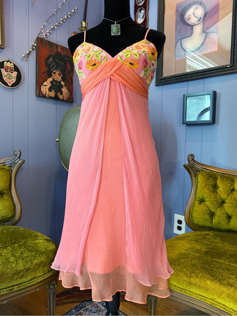 Vintage Y2K Laundry By Shelli Segal Floral 100% Silk Fairycore Dress Size 8 - Picture 2 of 8